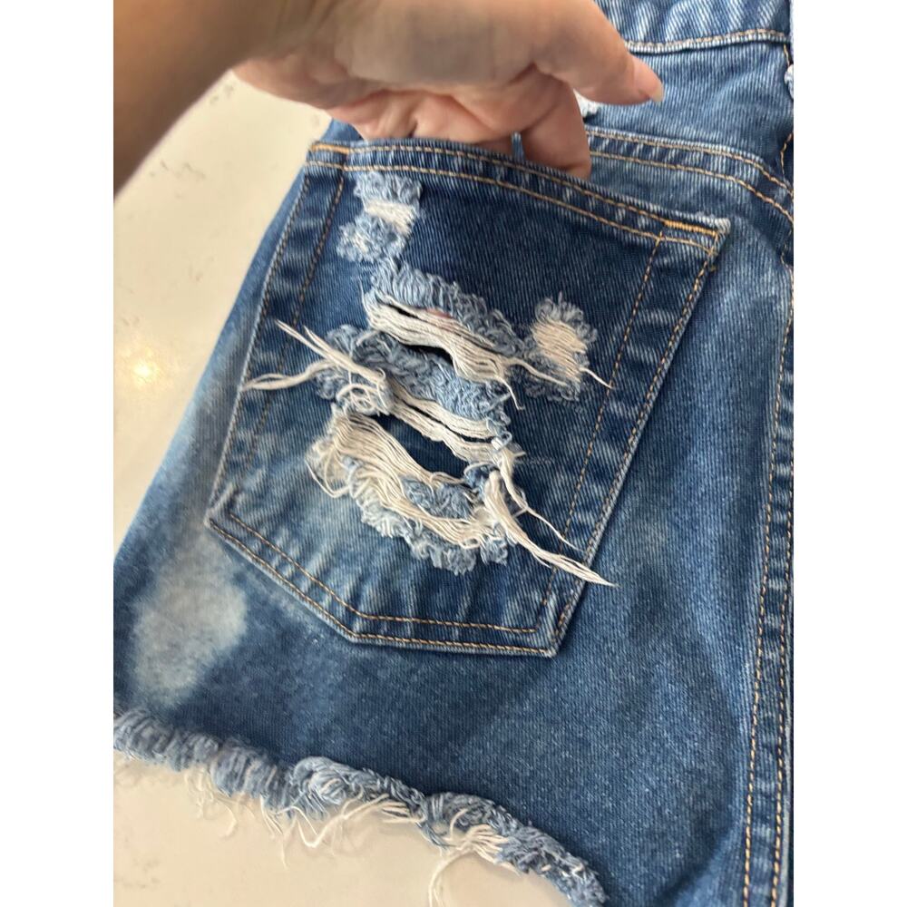 High waisted micro mini shorts size 25 dark wash distressed boho raw hem mom - Picture 5 of 6